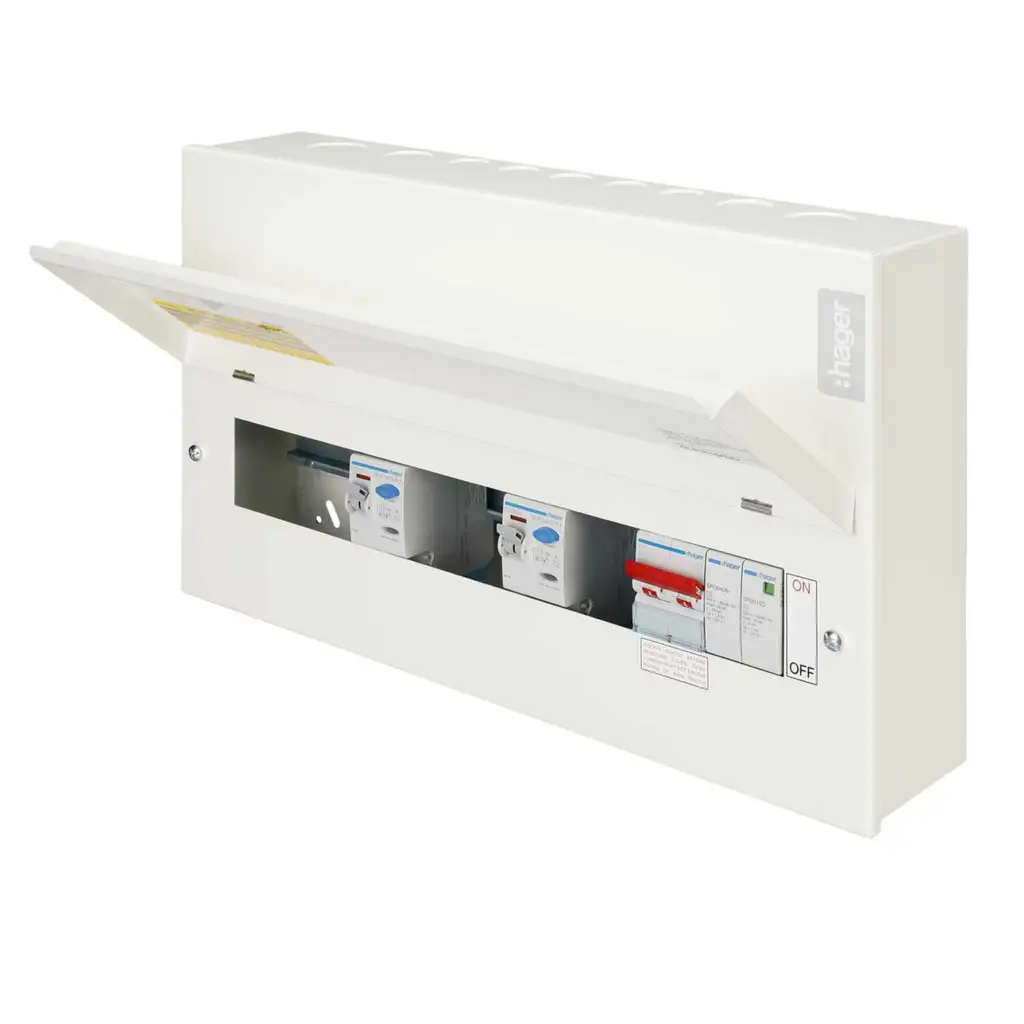 Hager 10 Way Dual RCD Configurable High Integrity Metal Clad Consumer Unit with SPD